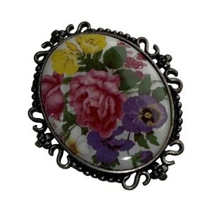 Vintage CR Charles Rose Floral Cameo Brooch with Ornate Frame garden Victorian